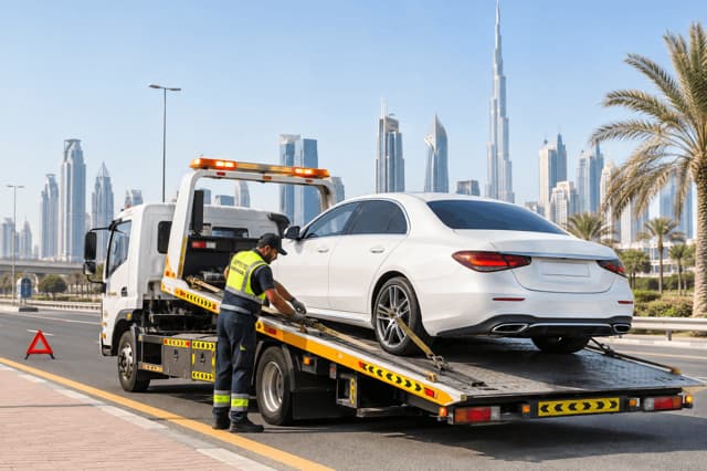Car recovery truck loading a vehicle in Dubai