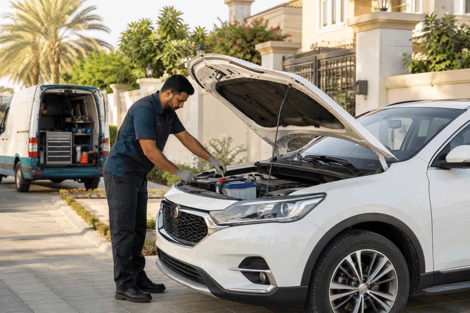 Mobile car battery replacement at a home in JLT, Dubai