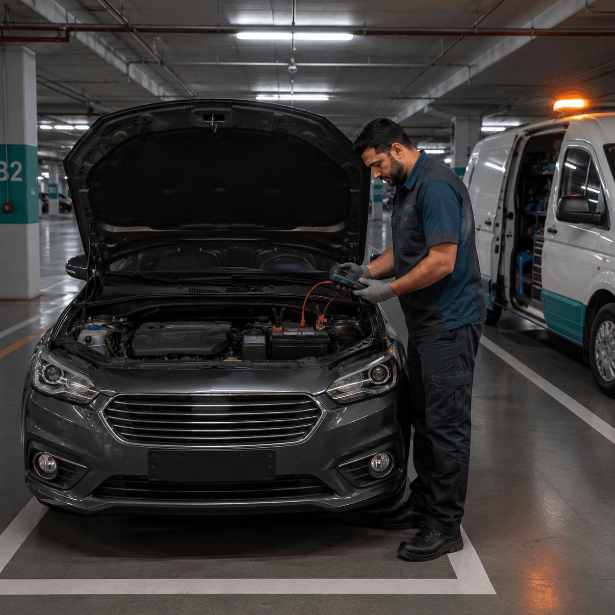 Car battery replaced in a JLT tower car park