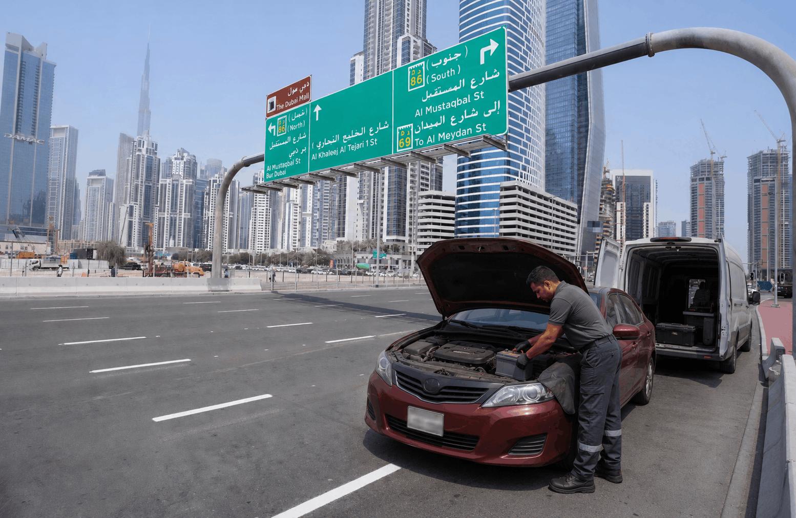 Technician replacing a car battery at the roadside in JLT