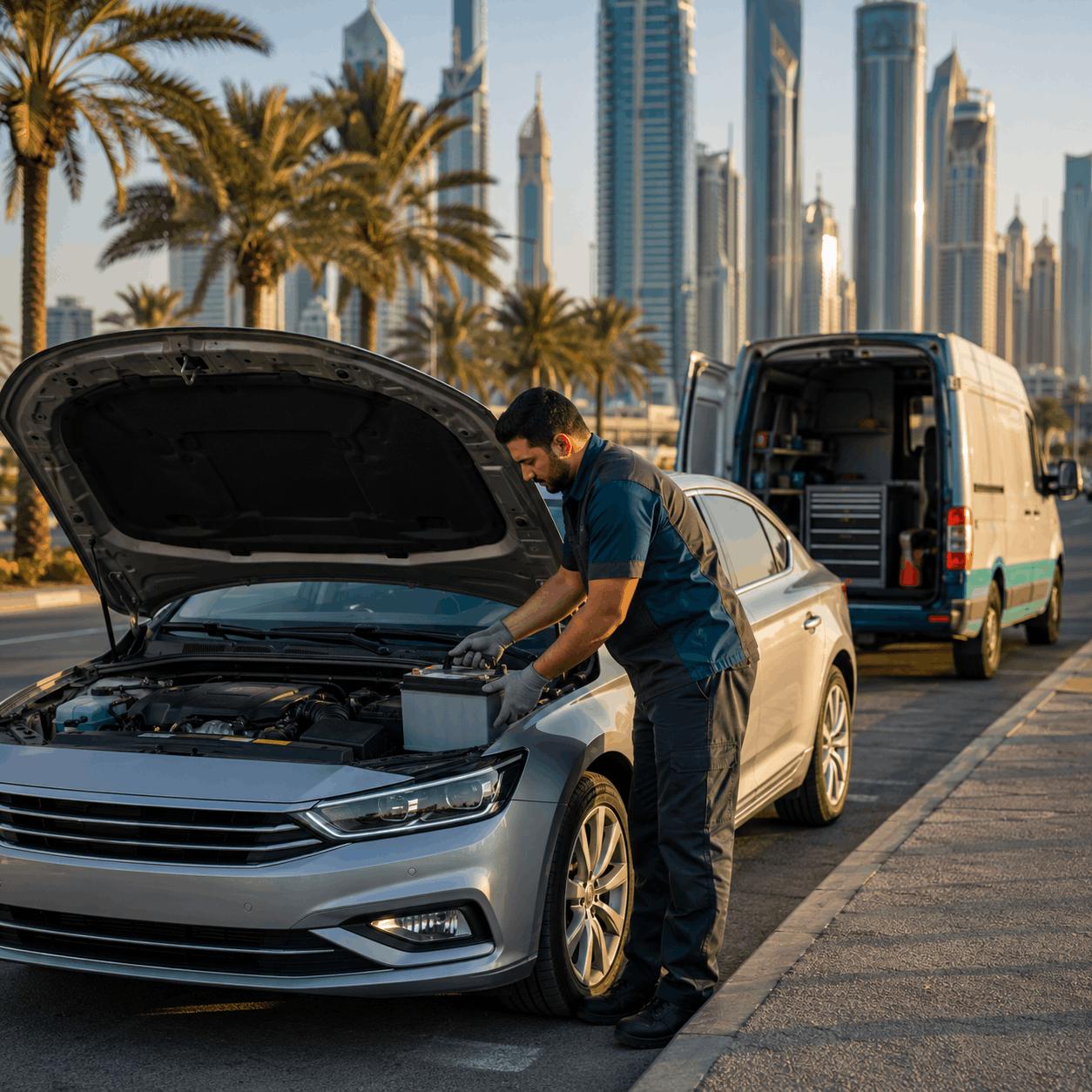 Technician replacing a car battery in Dubai